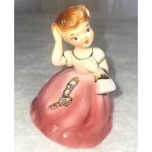 Vintage Lefton Porcelain "Pink Lady w/ Purse" Figure#610 Embedded Rhinestones